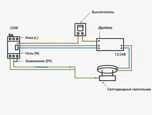 Схема подключения светильника Схема подключения светодиодного светильника через выключатель